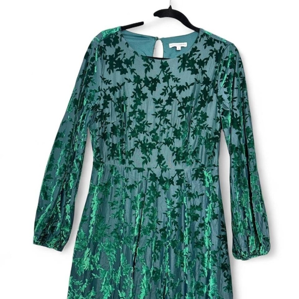 Emerald Green Velvet Burnout Midi Dress Sz L Whimsigoth Fairy Formal Floral - Picture 5 of 7